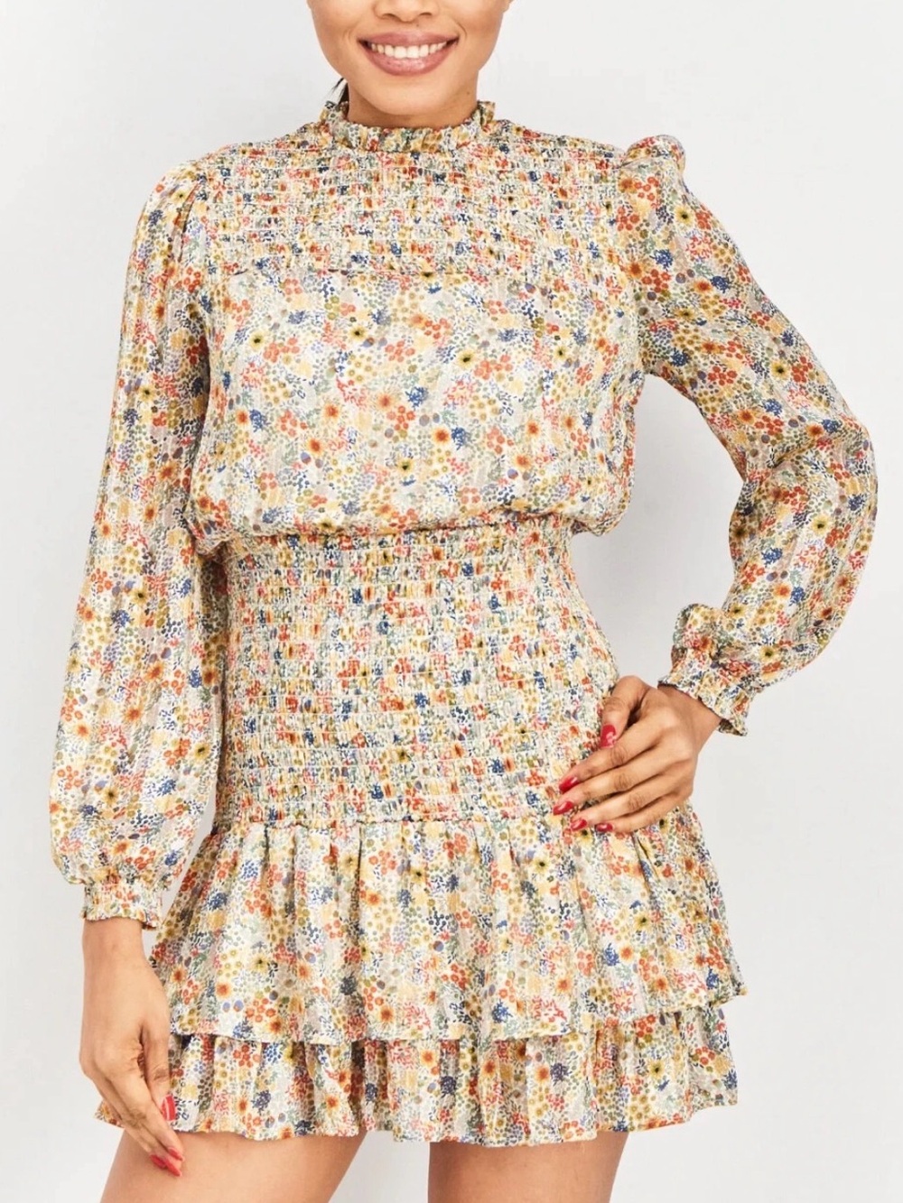 Aqua Smocked Floral Long-Sleeve Ruffle Tiered Mini Dress Size Small